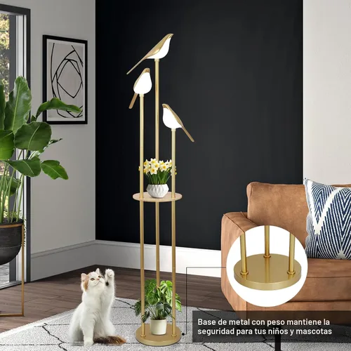 Vista 7 de Lámparas de pie doradas para sala de estar, lámpara de pie moderna con estantes, lámpara de pie de mediados de siglo con 3 luces LED de pájaro