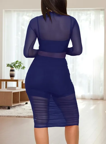 Vista 4 de Vestidos de malla para mujer, vestido sexy transparente de manga larga midi transparente