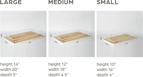 Vista 2 de Bandeja rectangular de madera para servir con asas de metal con marco de alambre, mesa de centro de mesa de centro de alimentos decorativa, centro