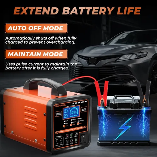 Vista 5 de Cargador de batería de coche de 12 V 24 V resistente, mantenedor de batería automático de 0-15 A con apagado automático, modo de reparación e