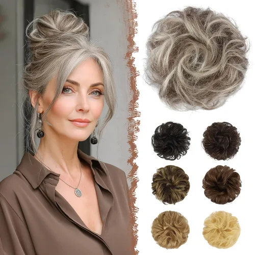 Vista 7 de FESHFEN - Extensiones de moño desordenado humano 100% cabello real, piezas de cabello rizado, extensiones de cola de caballo, cabello ondulado