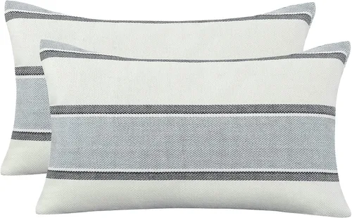 Vista 12 de AmHoo - Juego de 2 fundas de cojín de lino para sofá, estilo casa de campo, con diseño de rayas, decoración estilo Buffalo retro, con cremallera