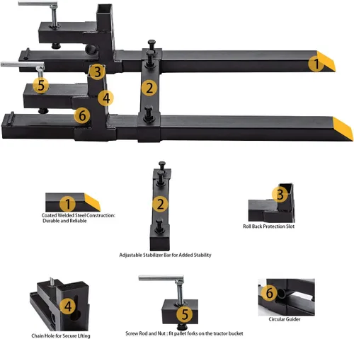 Vista 6 de Brazos porta pallets con barra estabilizadora ajustable - 152 cm 907 kg máx - Abrazadera de horquillas para cucharón de tractor