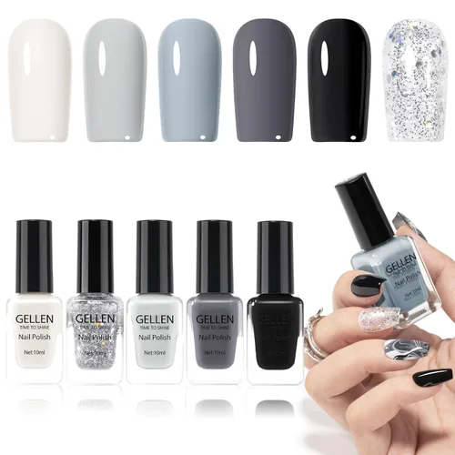 Vista 25 de GELLEN Juego de Esmalte de Uñas en 4 Colores Negro, Blanco, Gris & Base y Capa Superior, Esmalte de Uñas de Tendencia Otoño/Invierno Negro, Blanco
