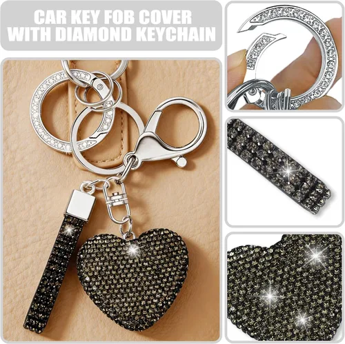 Vista 3 de Funda para llavero con llavero de corazón de diamante compatible con Chevy 2021-2024, Negro, 5 Botones