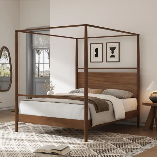 Vista 34 de VilroCaz Cama moderna de plataforma con dosel de tamaño Queen con cabecera capitoné de canal de tapicería, base de cama de metal con 4 carteles