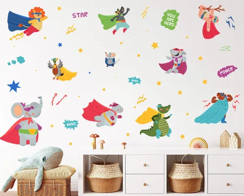 Vista 7 de Calcomanías de pared de súper animales, lindos animales, calcomanías de vinilo para pared, leones, elefantes, tiburones, perezosos, estrellas
