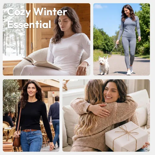 Vista 7 de WEERTI Ropa interior térmica para mujeres Long Johns con forro polar, capa base para mujeres para clima frío, conjunto de top y pantalón Negro
