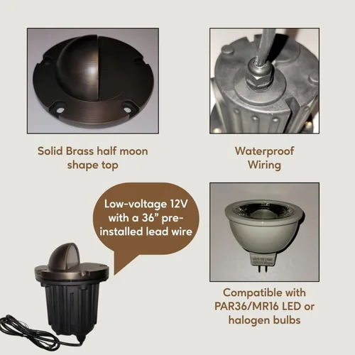 Vista 6 de Ironsmith Foundary Series™ Solid Brass Half Moon Cover In-Ground Well Light – Complete 12V Landscape Fixture w/ MR16 LED (3000K 38°), Waterproof