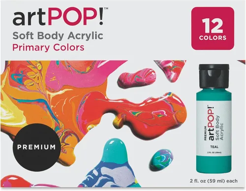 Vista 2 de artPOP! Pintura acrílica suave para el cuerpo, colores primarios, juego de 12, botellas de 2 onzas, pintura acrílica de alto flujo para verter sobre