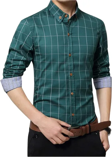 Vista 2 de Camisa de vestir de manga larga a cuadros con botones y contraste de algodón para hombre