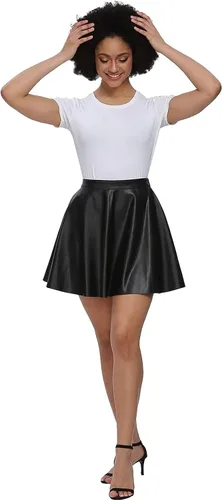 Vista 5 de Fahsyee Falda skater de cuero, plisada negra para mujer, talla grande, mini, acampanada, vegana, cintura alta, casual, elástica, S-XXXL