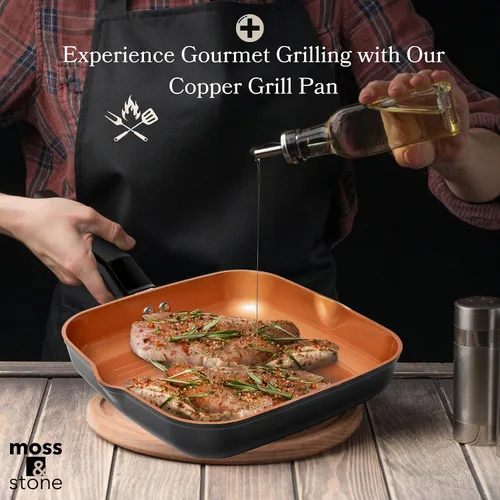 Vista 7 de Moss & Stone Sartén Cuadrada para Parrilla para Cocinar en Interiores, Sartén de Freír de 9.5 Pulgadas de Cobre Antiadherente para Saltear y Freír