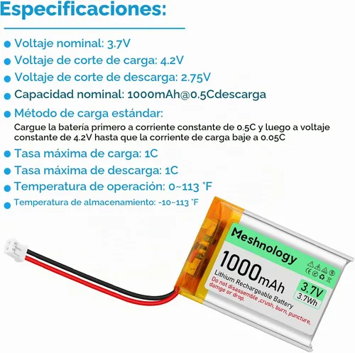 Vista 2 de Batería Lipo de 3.7V 1000mAh 803040 Batería recargable de polímero de litio con cable de cargador USB, conector micro Ph1.25, circuito de protección