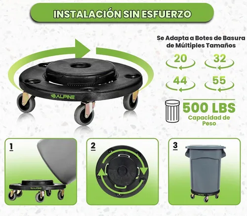 Vista 2 de Alpine Rolling Brute Carrito para Bote de Basura - Carrito para Bote de Basura con Ruedas/Base Rodante para Bote de Basura para Botes de Basura