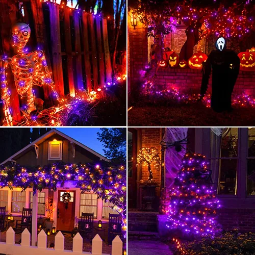 Vista 6 de iBaycon Paquete de 2 50 luces LED de Halloween a batería, 16.4 pies, funciona con pilas, luces de Halloween naranja y morado, impermeables, con 8