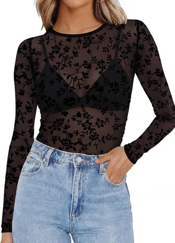 Vista 16 de OFEEFAN - Blusas de malla para mujer con manga larga y encaje, camisetas de cuello redondo ajustadas y transparentes Champán