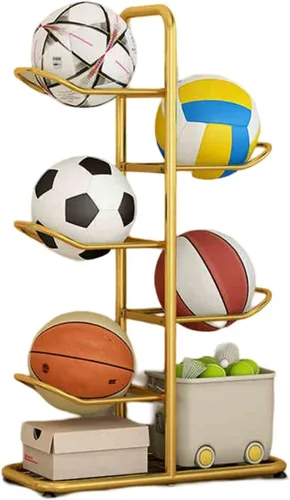Vista 4 de Estante de almacenamiento de equipo deportivo de 5 bolas con soporte para bolas, estante de almacenamiento de pelotas deportivas, soporte vertical