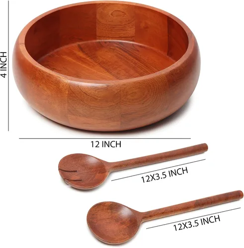 Vista 4 de Ensaladera de madera extra grande con 2 servidores, 12 x 4 pulgadas, capacidad de 4.5 cuartos de galón, cuenco para servir ensalada seguro