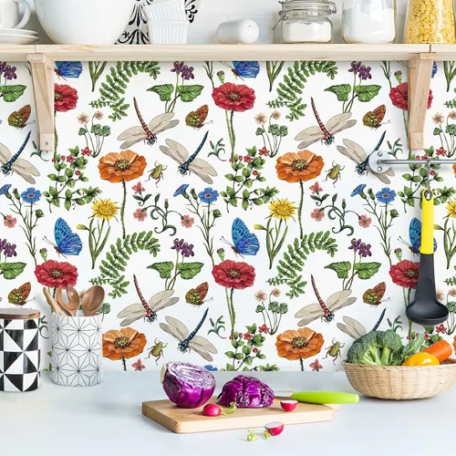 Vista 5 de VaryPaper Papel tapiz floral brillante de 17.7 x 78.7 pulgadas, para pegar y despegar, papel tapiz bohemio de hojas de musgo, libélula, mariposa