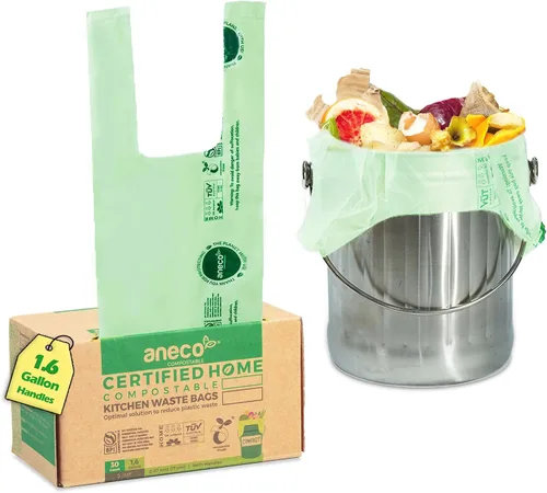 Vista 12 de ANECO Bolsas de basura 100% compostables para el hogar (bolsas de basura de 1.6 galones, 50 unidades), pequeñas bolsas de compost de cocina
