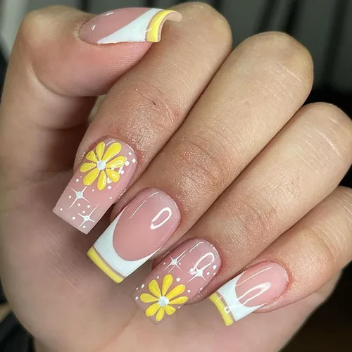 Vista 18 de Uñas postizas ovaladas a presión con puntas francesas, juego de uñas postizas cortas de flores artificiales, uñas postizas acrílicas con diseños