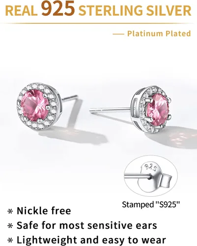 Vista 6 de ChicSilver Aretes de plata de ley 925 con forma de corazón, redondo, pera, esmeralda, piedra natal con halo para mujer, joyería de cumpleaños