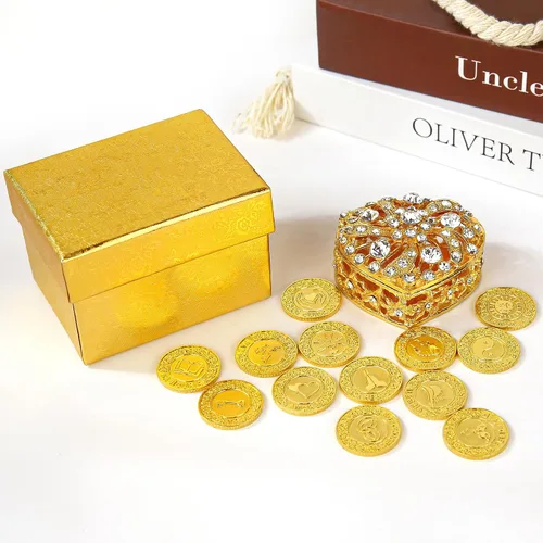 Vista 4 de TINGKU 13 palabras españolas Las Arras para Boda Católica, juego de monedas de unidad de boda con caja en forma de corazón, accesorios Bodas