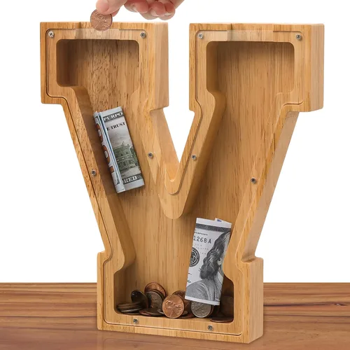 Vista 8 de Alcancía de madera con letras para niños, niñas y adultos, 10 pulgadas, grande, 26 letras, irrompible, caja de dinero, con calcomanía de bricolaje