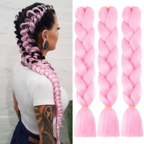 Vista 10 de Cabello trenzado de fibra sintética, tamaño jumbo, extensiones de cabello Kanekalon suave, color negro, (24 pulgadas, 3 piezas)