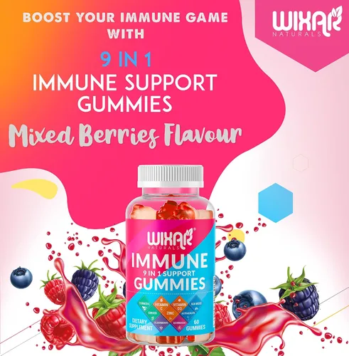Vista 2 de WIXAR NATURALS Gomitas de apoyo inmunológico 9 en 1 con saúco, vitamina C y D, zinc, cúrcuma, jengibre, equinácea, astrágalo y musgo marino