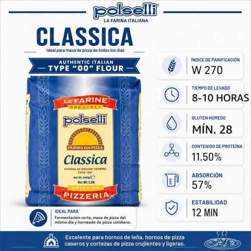 Vista 3 de POLSELLI Classica, Harina Tipo "00" Doble Cero Extra Fina, 11 libras (5 kg), Harina Napolitana Italiana para Pizza, Pan, Pasta y más, Totalmente