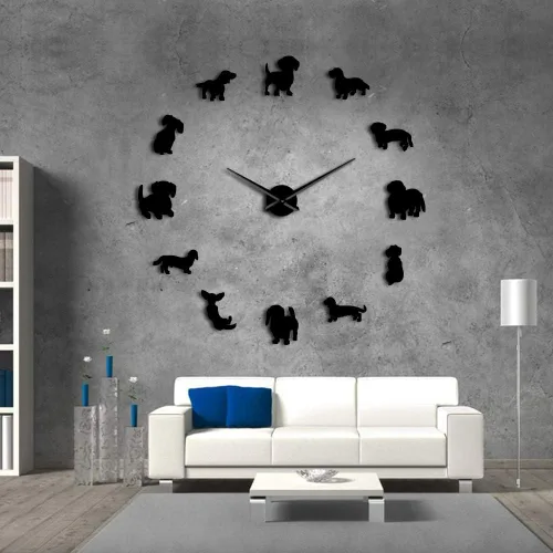 Vista 4 de Gran 3D DIY Dachshund Reloj de pared sin marco con efecto espejo (negro)