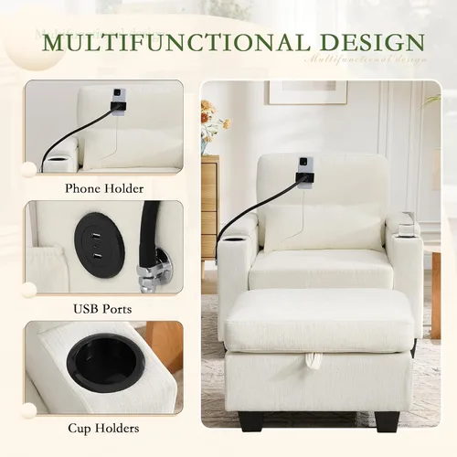 Vista 3 de Chaise Lounge Chair para interiores con puerto USB y soporte para teléfono, sillón reclinable pequeño de felpilla con otomana de almacenamiento