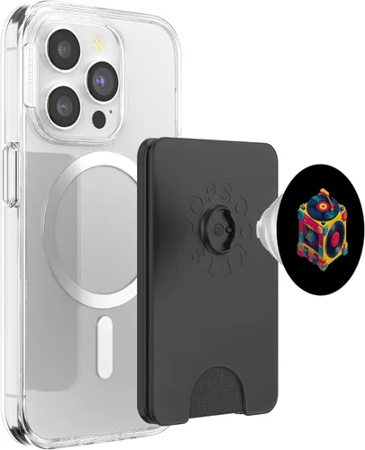 Vista 3 de Dados de vinilo coloridos con diseño retro de tocadiscos PopSockets PopWallet para MagSafe