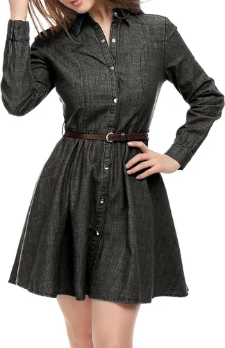 Vista 2 de Allegra K Vestido de mezclilla para mujer, vestido camisero acampanado plisado con cinturón y botones
