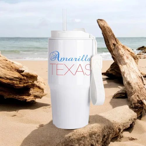 Vista 3 de 3dRose, Amarillo, Texas, red, blue text. Patriotic home town design, 20oz Tumbler