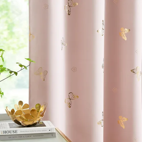 Vista 11 de Jubilantex - Cortinas opacas con diseño de mariposa dorada, 80 % rosa bebé Cortinas opacas 80% rosa lavanda/rosa bebé, estampado de mariposa