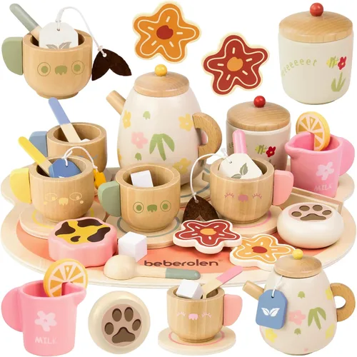 Vista 9 de Platos y platos de madera para niños, accesorios de cocina para niños pequeños de 1 a 3 años, juguetes de cocina, tazas de té para niños, regalo