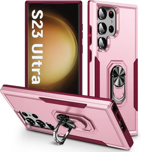 Vista 30 de Funda protectora diseñada para Galaxy S23 con soporte, a prueba de caídas militares, a prueba de golpes, a prueba de polvo, para Samsung S23, rosa