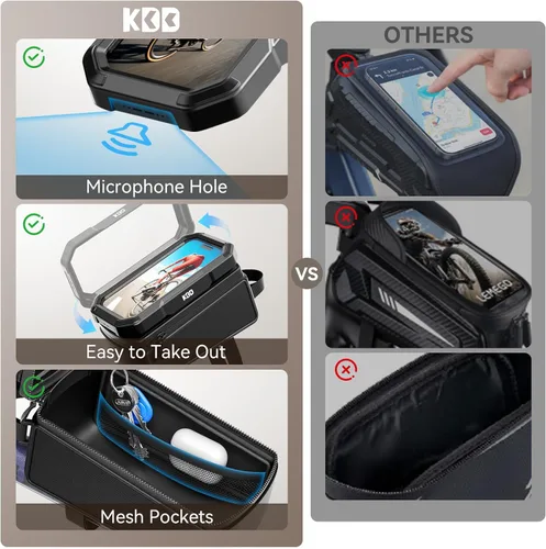 Vista 5 de KDD Bolsa de marco frontal para bicicleta con soporte impermeable para teléfono, bolsa de almacenamiento de ciclismo de montaña, bolsa de manillar