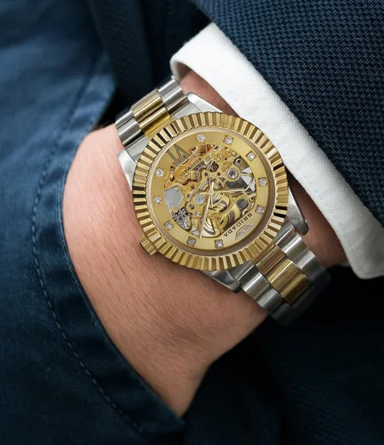Vista 2 de BRIGADA Relojes para hombre, marca suiza, bonito y clásico, de lujo, dorado, mecánico, automático, para hombre, Oro