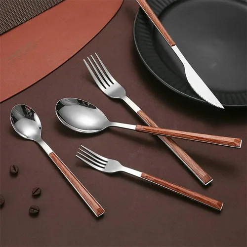 Vista 6 de Juego de cubiertos de madera de 30 piezas para 6 cubiertos de acero inoxidable duraderos, juego de cubiertos de madera modernos para el hogar
