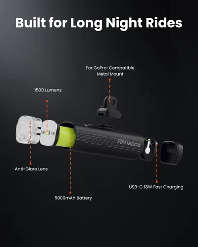 Vista 2 de Magicshine Luz de bicicleta RN 1500S, luces de bicicleta para conducción nocturna con montaje inferior, control FTR LightSync, recargable por USB