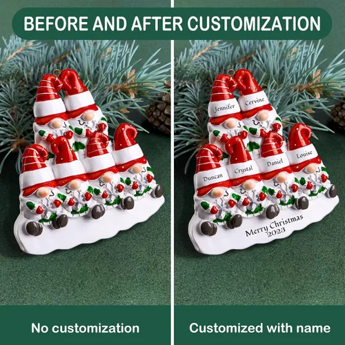 Vista 5 de Adornos de Navidad personalizados de gnomo 2023, familia de 2, 3, 4, 5, 6 – Adorno de Navidad personalizado con nombre para árbol de Navidad