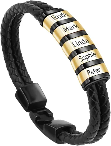 Vista 50 de Pulseras de cuero personalizadas para hombre con 1-6 nombres, pulsera trenzada personalizada con cuentas para papá, marido, día del padre, San