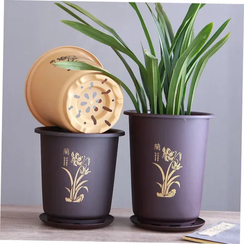 Vista 5 de 3 Pack Plastic Orchid Pots with Saucer Set, Deep Flower Planters for Home