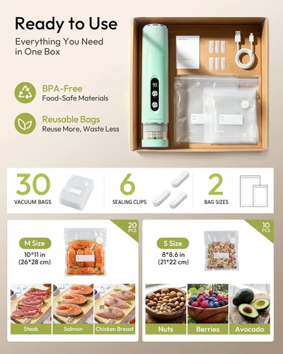 Vista 7 de Maestri House Handheld Vacuum Sealer for Food, 30 Reusable Bags & 6 Clips Gulf Blue