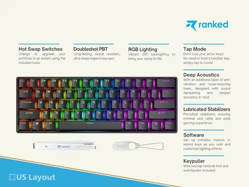 Vista 2 de Ranked S60 Supernova 60% Factor de Forma Teclado Mecánico de Gaming con Intercambio en Caliente 61 Teclas Retroiluminado LED RGB Multicolor