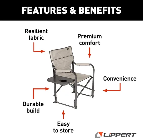 Vista 4 de Lippert Components Scout Plus - Silla de director con mesa auxiliar para campamento, plegable, marco de tubo de acero, poliéster 600D, revestimiento